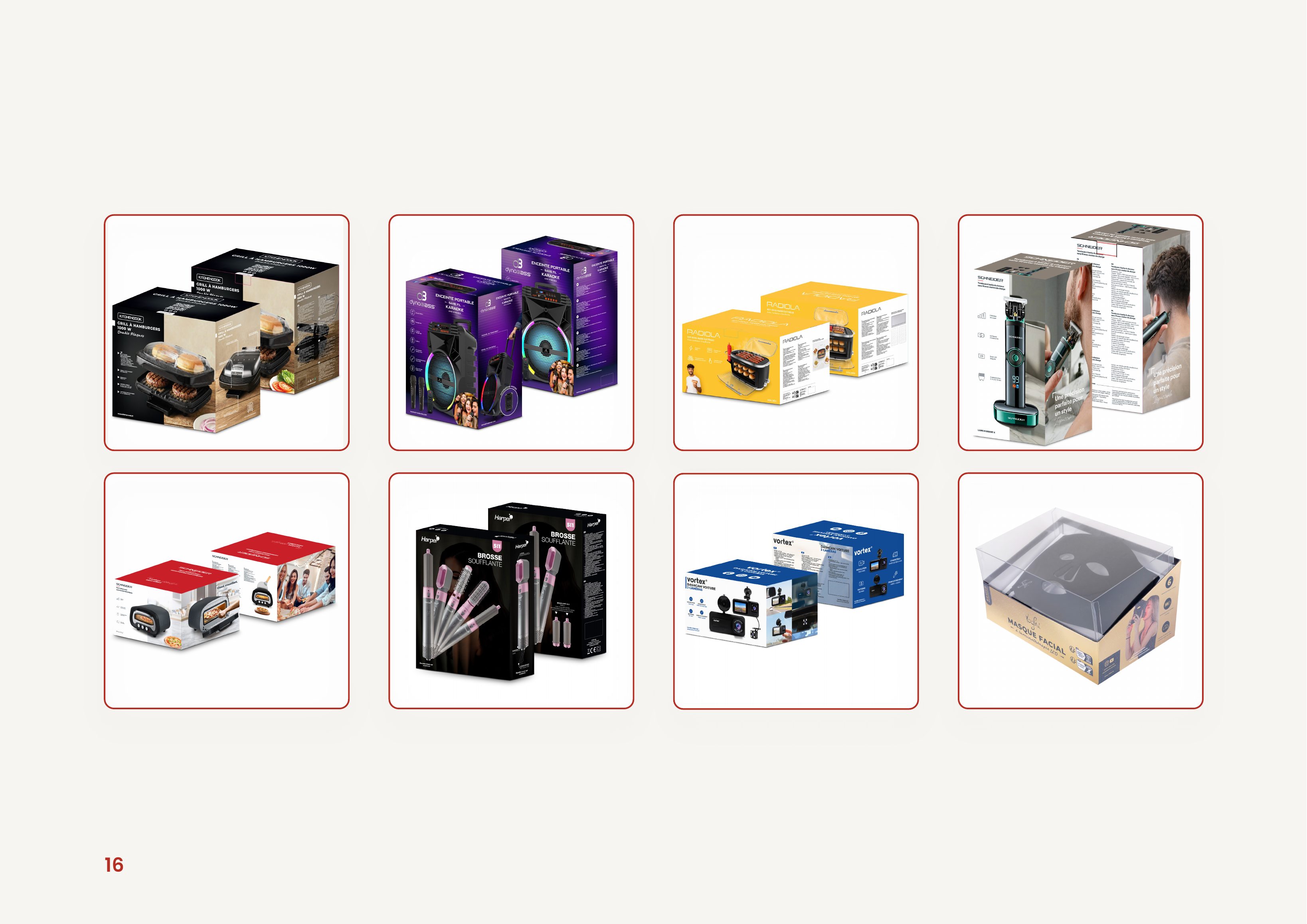 Packaging — Grill Kitchencook, enceinte Dynabass, tondeuse Schneider, brosse Harper, dashcam Vortex, masque LED Yochi